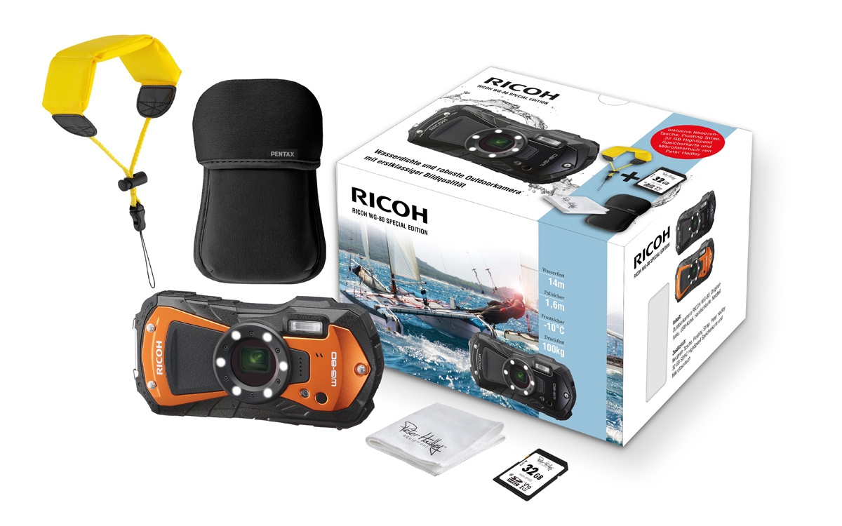 Ricoh WG-80 Special Edition orange inkl. Neoprencase/Strap + PH 32GB SD Karte/Tuch