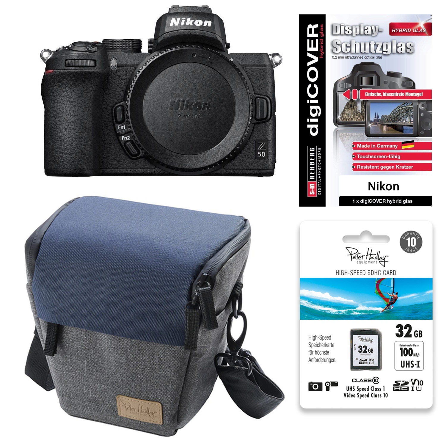 Nikon Z50 Gehäuse + Peter Hadley Tasche + Peter Hadley SDHC Card 32GB + DigiCover Schutzglas