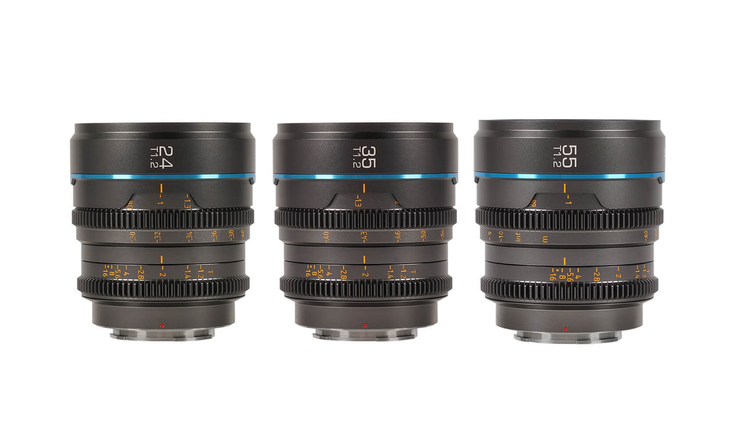 SIRUI Night Walker 24mm + 35mm + 55mm T1.2 S35 Cine Objektiv Set mit Case für Sony E-Mount metallgrau